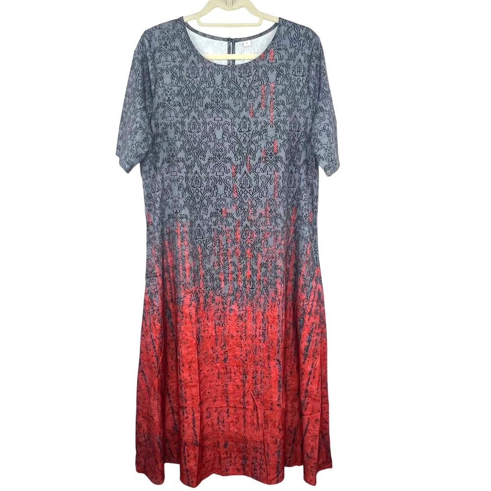 New Short Sleeve Large Round Neck Maxi Red Black Fade Dress